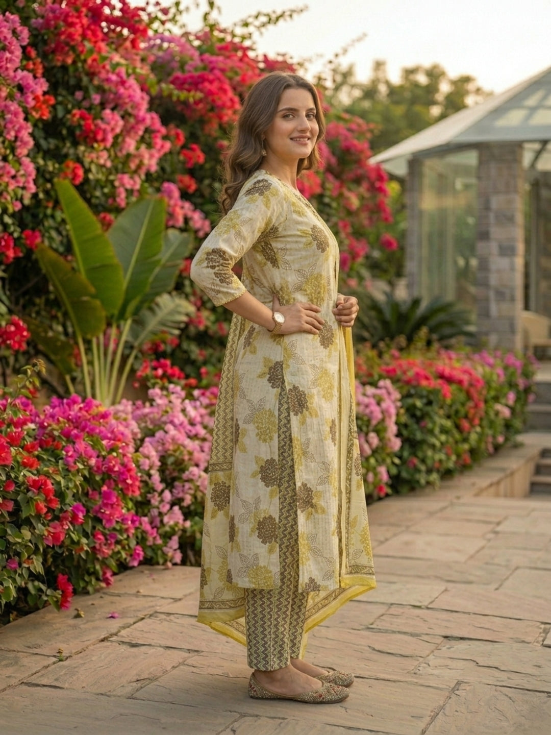 Lehariya Printed & Embroidered Straight Kurta with Pant & Dupatta - Cream