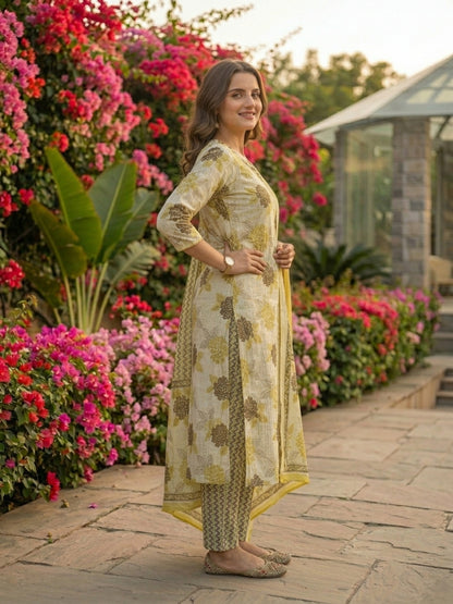 Lehariya Printed & Embroidered Straight Kurta with Pant & Dupatta - Cream