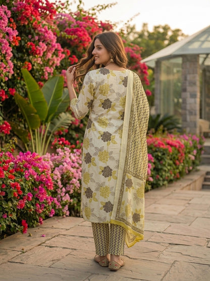 Lehariya Printed & Embroidered Straight Kurta with Pant & Dupatta - Cream