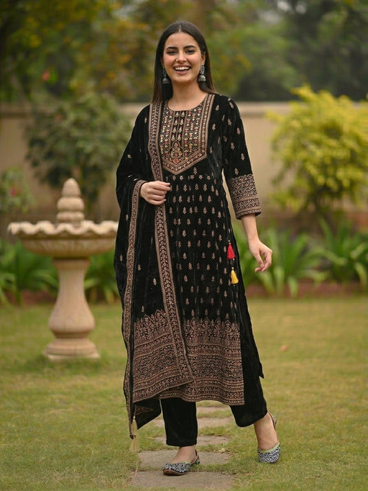 Festive Floral Foil Printed Embroidered Velvet Anarkali Kurta Set - Black