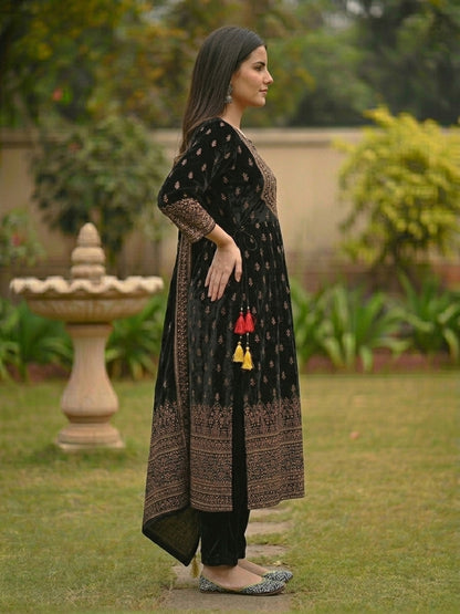 Festive Floral Foil Printed Embroidered Velvet Anarkali Kurta Set - Black