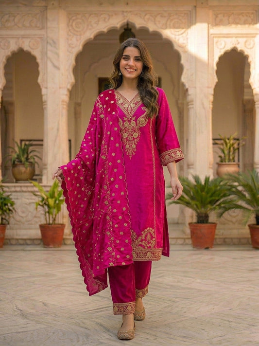 Solid Gota Patti Work A-Line Velvet Kurta with Palazzo & Dupatta - Magenta