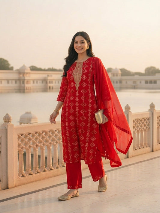 Bandhani Printed & Sequin Embroidered Straight Kurta with Pant & Dupatta - Red