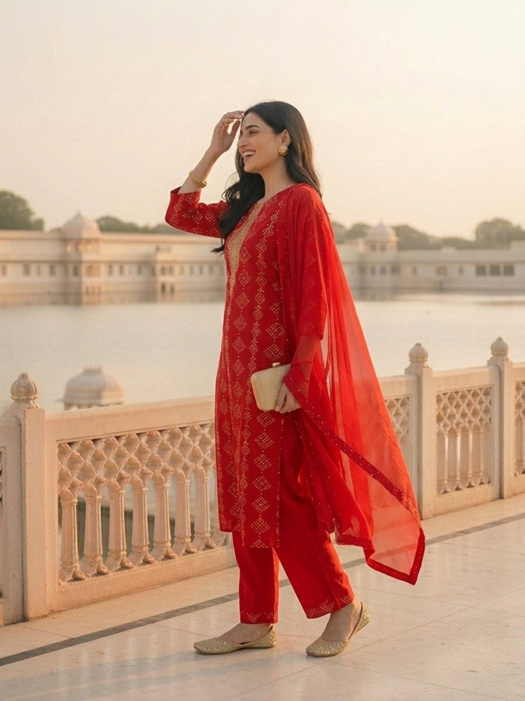 Bandhani Printed & Sequin Embroidered Straight Kurta with Pant & Dupatta - Red
