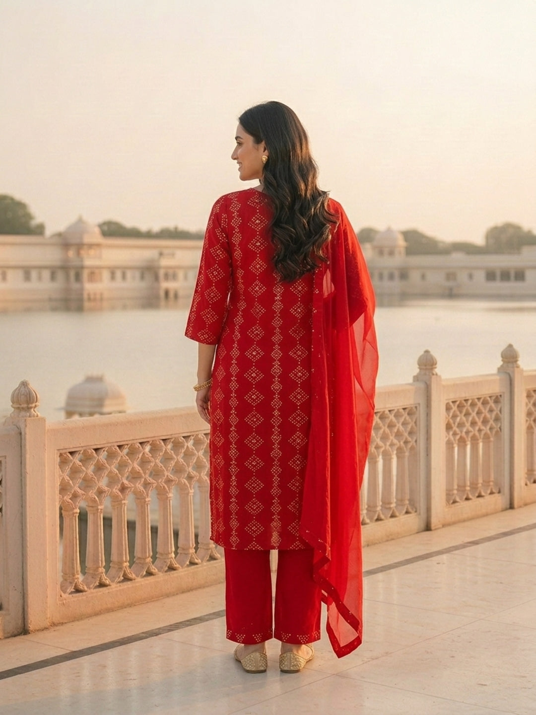 Bandhani Printed & Sequin Embroidered Straight Kurta with Pant & Dupatta - Red