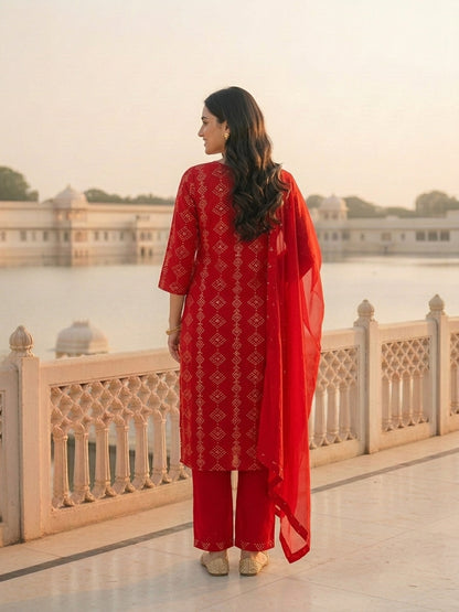 Bandhani Printed & Sequin Embroidered Straight Kurta with Pant & Dupatta - Red