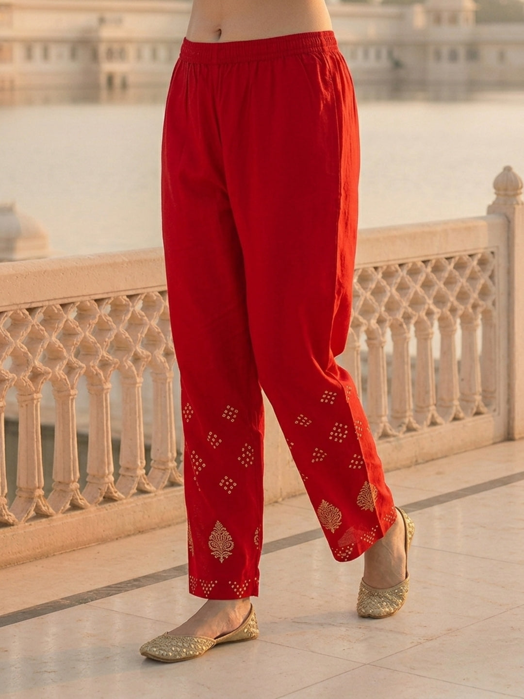 Bandhani Printed & Sequin Embroidered Straight Kurta with Pant & Dupatta - Red