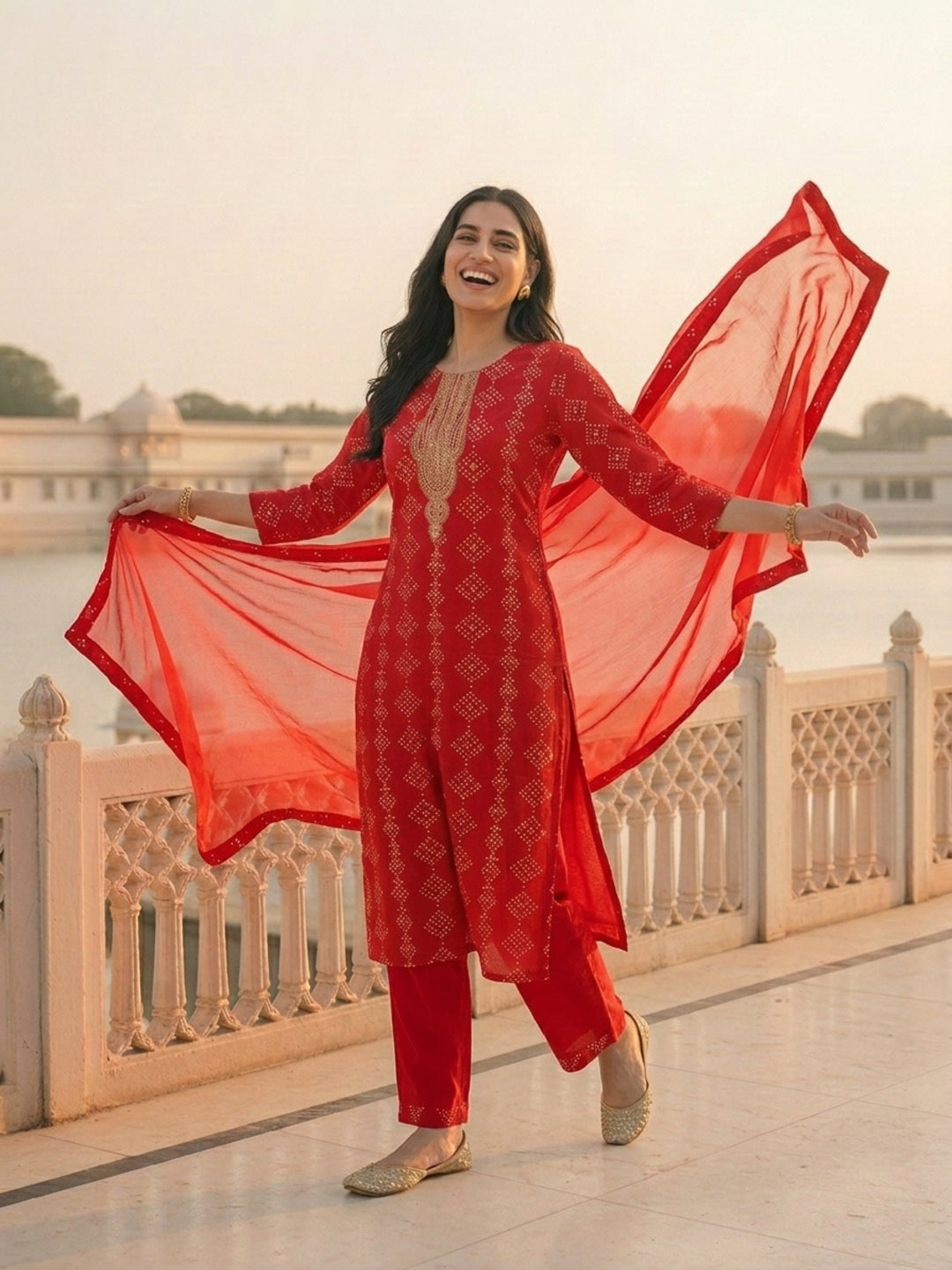 Bandhani Printed & Sequin Embroidered Straight Kurta with Pant & Dupatta - Red