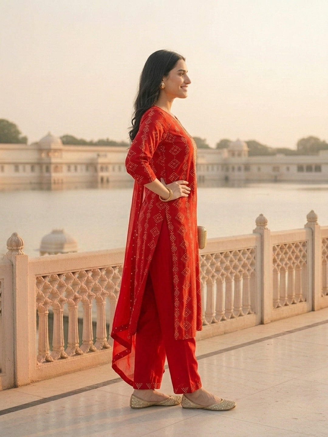 Bandhani Printed & Sequin Embroidered Straight Kurta with Pant & Dupatta - Red