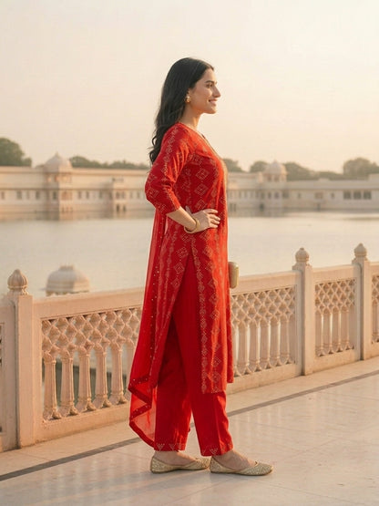 Bandhani Printed & Sequin Embroidered Straight Kurta with Pant & Dupatta - Red