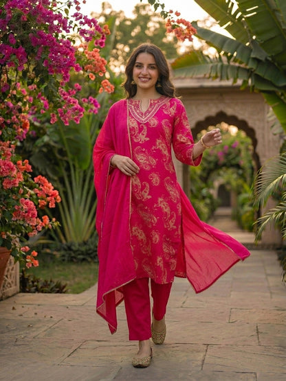 Paisley Printed & Embroidered Straight Kurta with Pant & Dupatta - Rani Pink