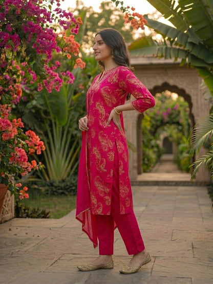 Paisley Printed & Embroidered Straight Kurta with Pant & Dupatta - Rani Pink