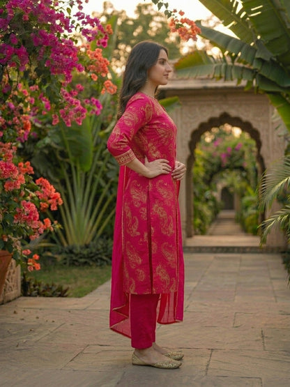 Paisley Printed & Embroidered Straight Kurta with Pant & Dupatta - Rani Pink
