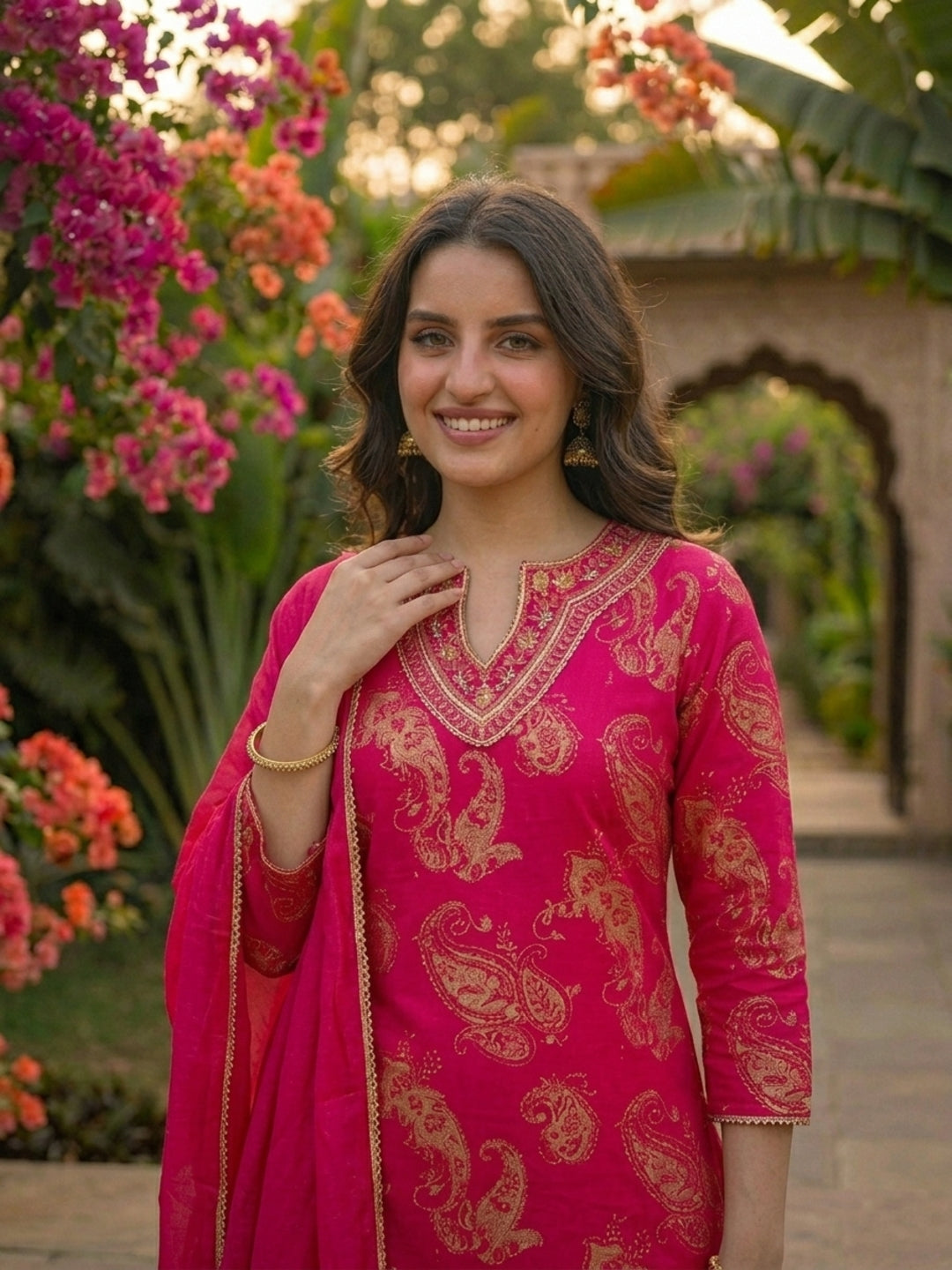 Paisley Printed & Embroidered Straight Kurta with Pant & Dupatta - Rani Pink