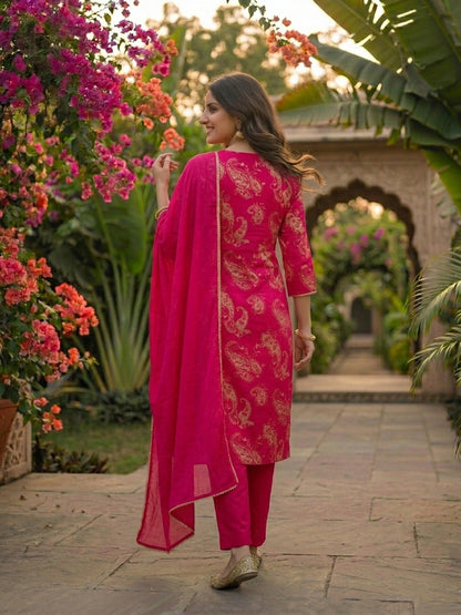 Paisley Printed & Embroidered Straight Kurta with Pant & Dupatta - Rani Pink