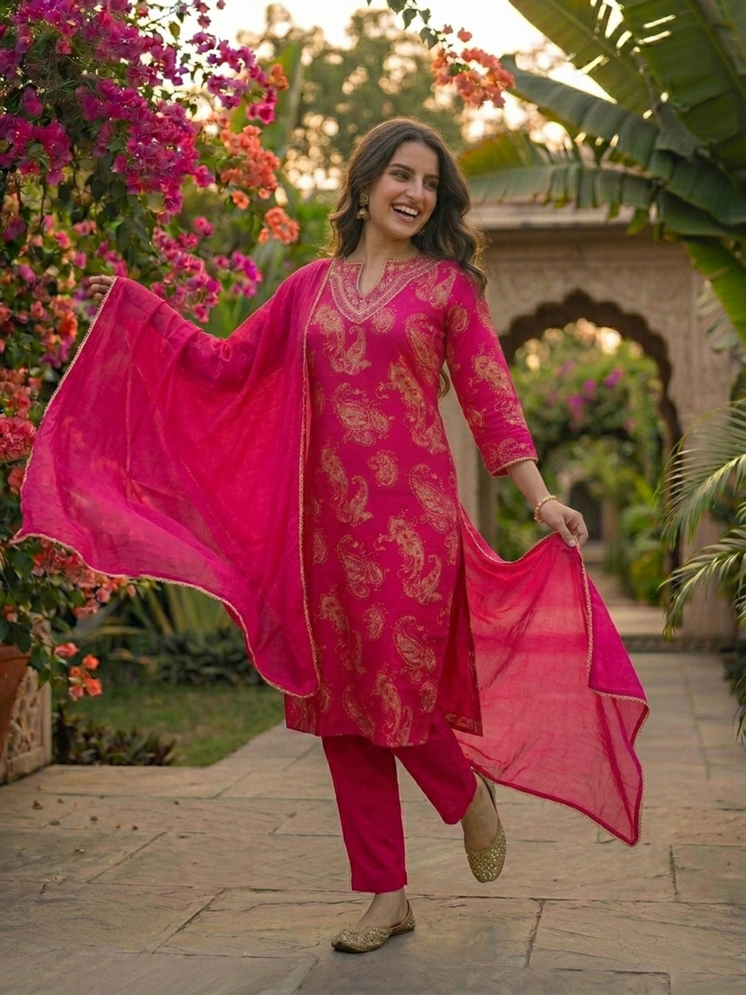 Paisley Printed & Embroidered Straight Kurta with Pant & Dupatta - Rani Pink