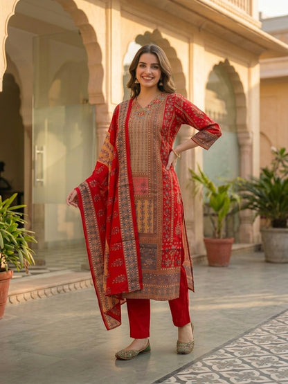 Ethnic Printed & Resham Embroidered Straight Kurta with Pant & Dupatta - Red