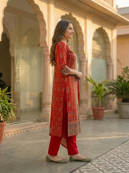 Ethnic Printed & Resham Embroidered Straight Kurta with Pant & Dupatta - Red