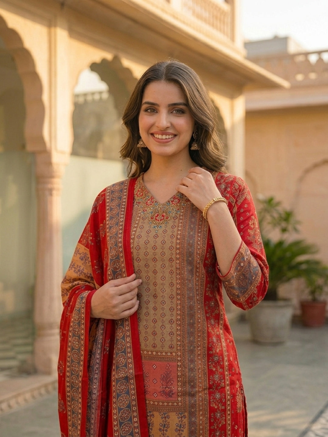 Ethnic Printed & Resham Embroidered Straight Kurta with Pant & Dupatta - Red