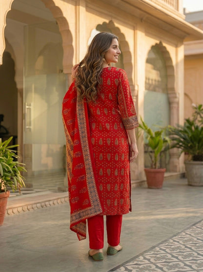 Ethnic Printed & Resham Embroidered Straight Kurta with Pant & Dupatta - Red