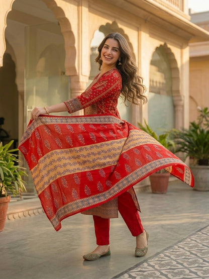Ethnic Printed & Resham Embroidered Straight Kurta with Pant & Dupatta - Red