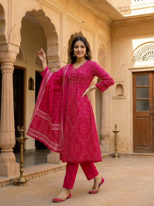 Bandhani Printed A-Line Pleated Kurta with Pant & Dupatta - Rani