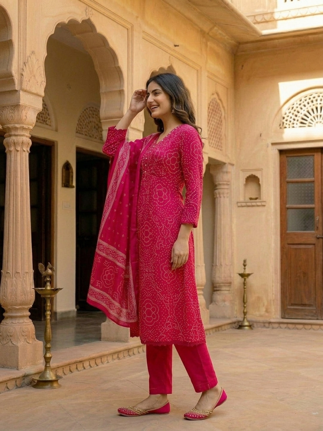 Bandhani Printed A-Line Pleated Kurta with Pant & Dupatta - Rani