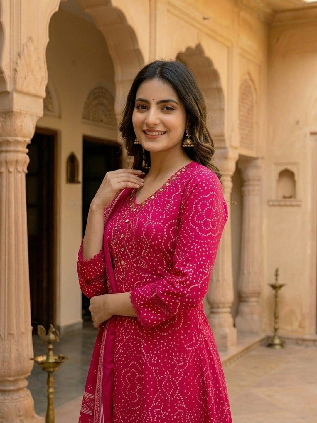 Bandhani Printed A-Line Pleated Kurta with Pant & Dupatta - Rani