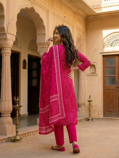 Bandhani Printed A-Line Pleated Kurta with Pant & Dupatta - Rani