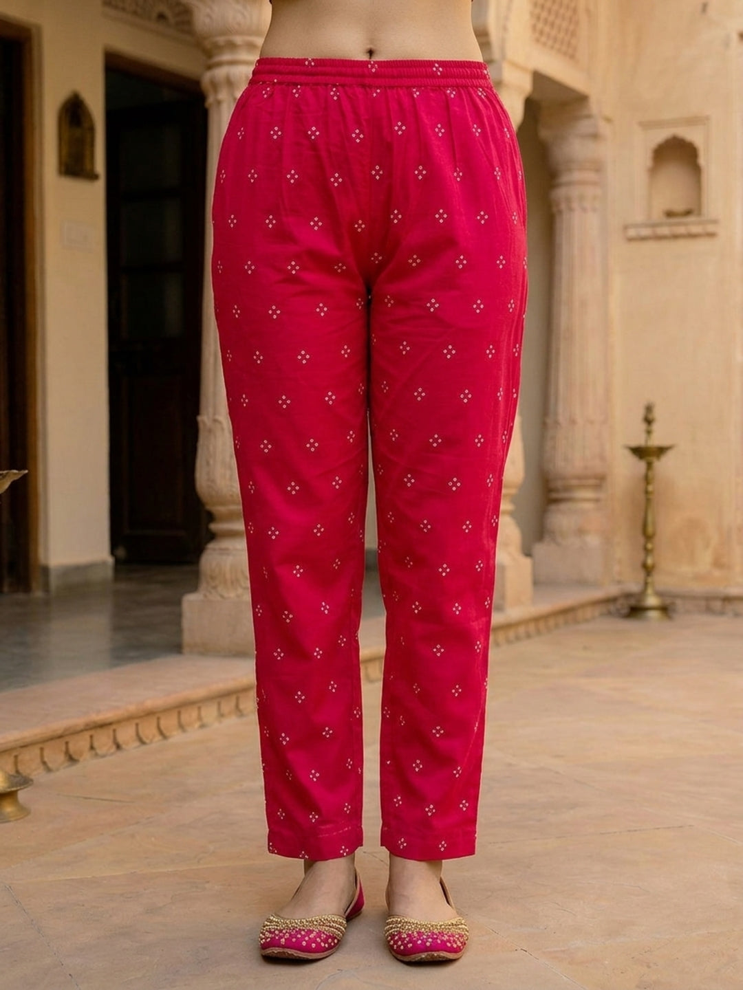 Bandhani Printed A-Line Pleated Kurta with Pant & Dupatta - Rani