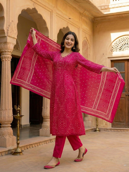 Bandhani Printed A-Line Pleated Kurta with Pant & Dupatta - Rani