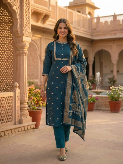 Solid Ethnic Embroidered Straight Kurta with Pant & Dupatta - Teal Blue