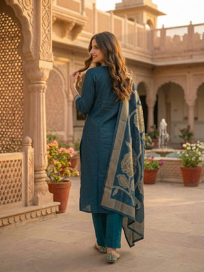 Solid Ethnic Embroidered Straight Kurta with Pant & Dupatta - Teal Blue