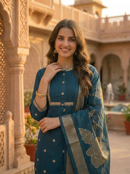 Solid Ethnic Embroidered Straight Kurta with Pant & Dupatta - Teal Blue