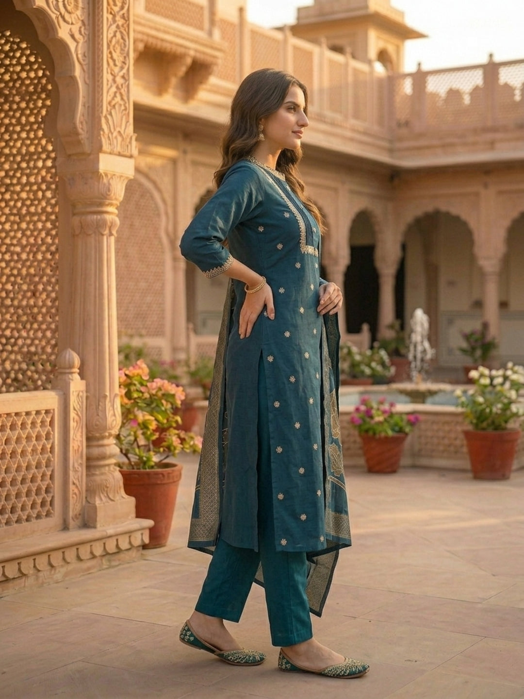 Solid Ethnic Embroidered Straight Kurta with Pant & Dupatta - Teal Blue