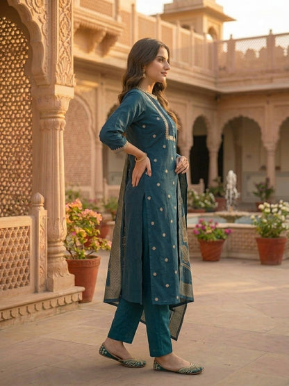 Solid Ethnic Embroidered Straight Kurta with Pant & Dupatta - Teal Blue