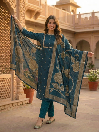 Solid Ethnic Embroidered Straight Kurta with Pant & Dupatta - Teal Blue