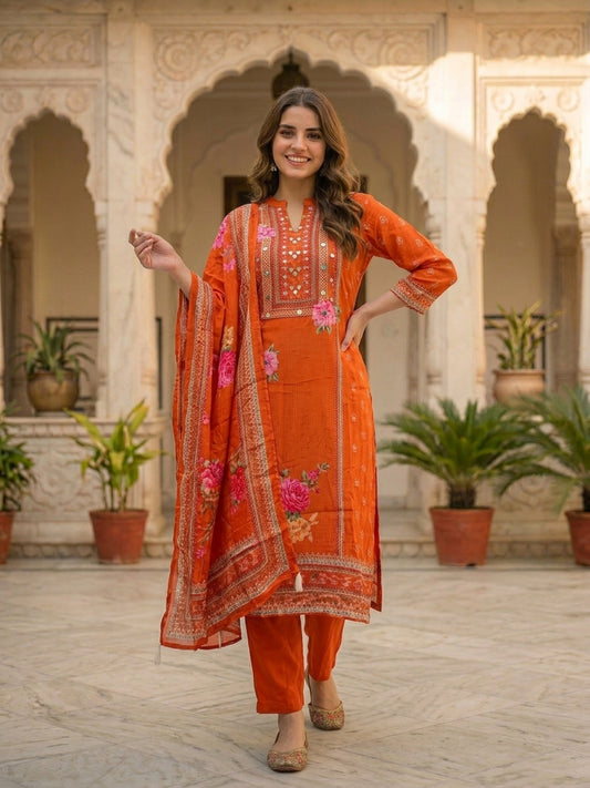 Ethnic Printed & Embroidered Straight Kurta with Pant & Dupatta - Rust