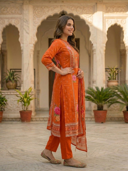 Ethnic Printed & Embroidered Straight Kurta with Pant & Dupatta - Rust