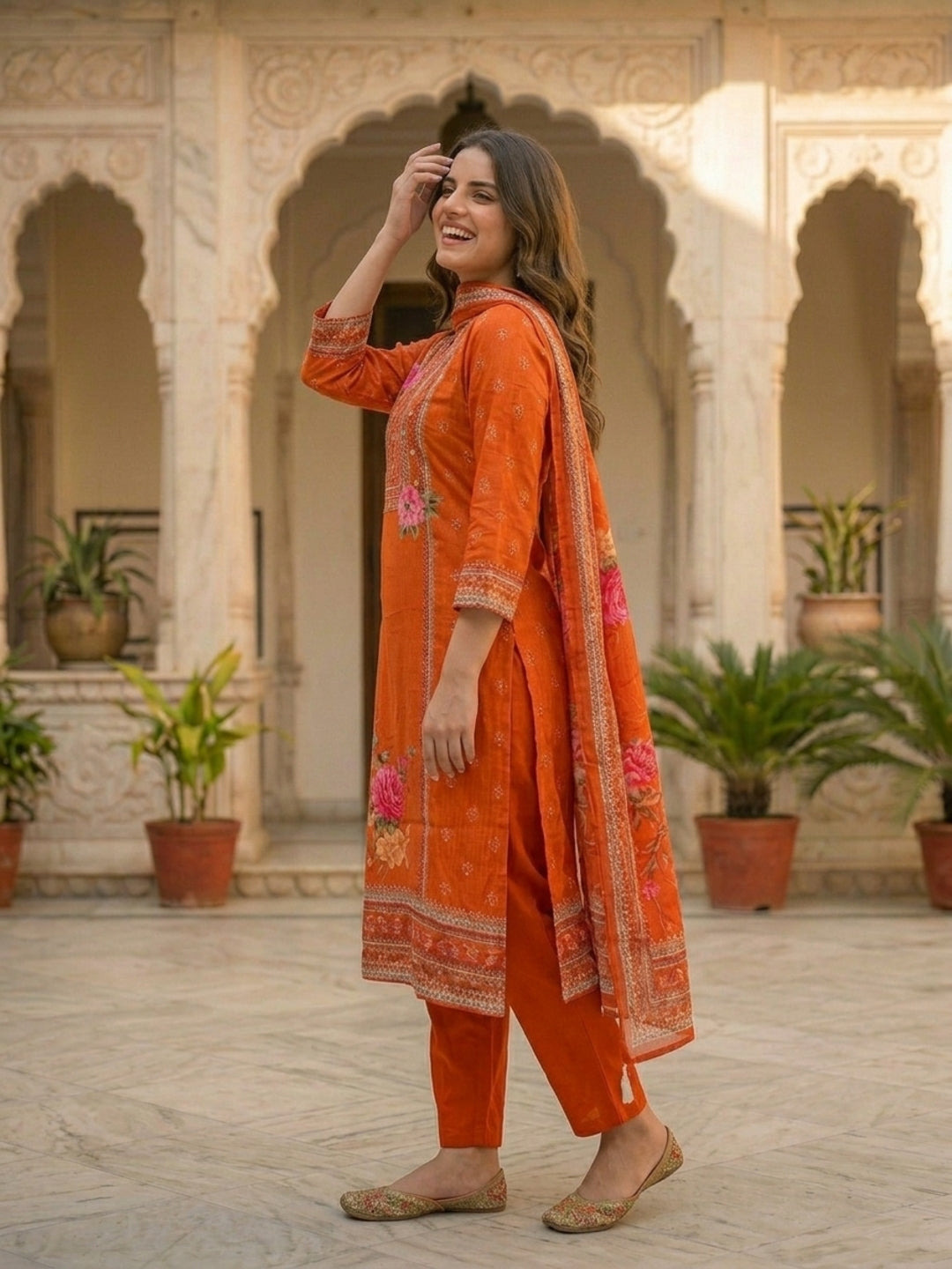 Ethnic Printed & Embroidered Straight Kurta with Pant & Dupatta - Rust