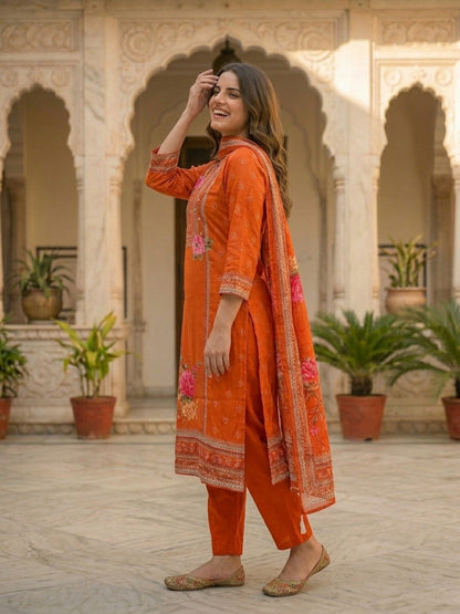 Ethnic Printed & Embroidered Straight Kurta with Pant & Dupatta - Rust