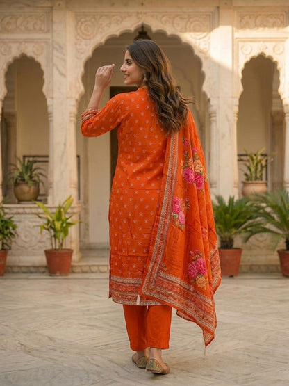 Ethnic Printed & Embroidered Straight Kurta with Pant & Dupatta - Rust