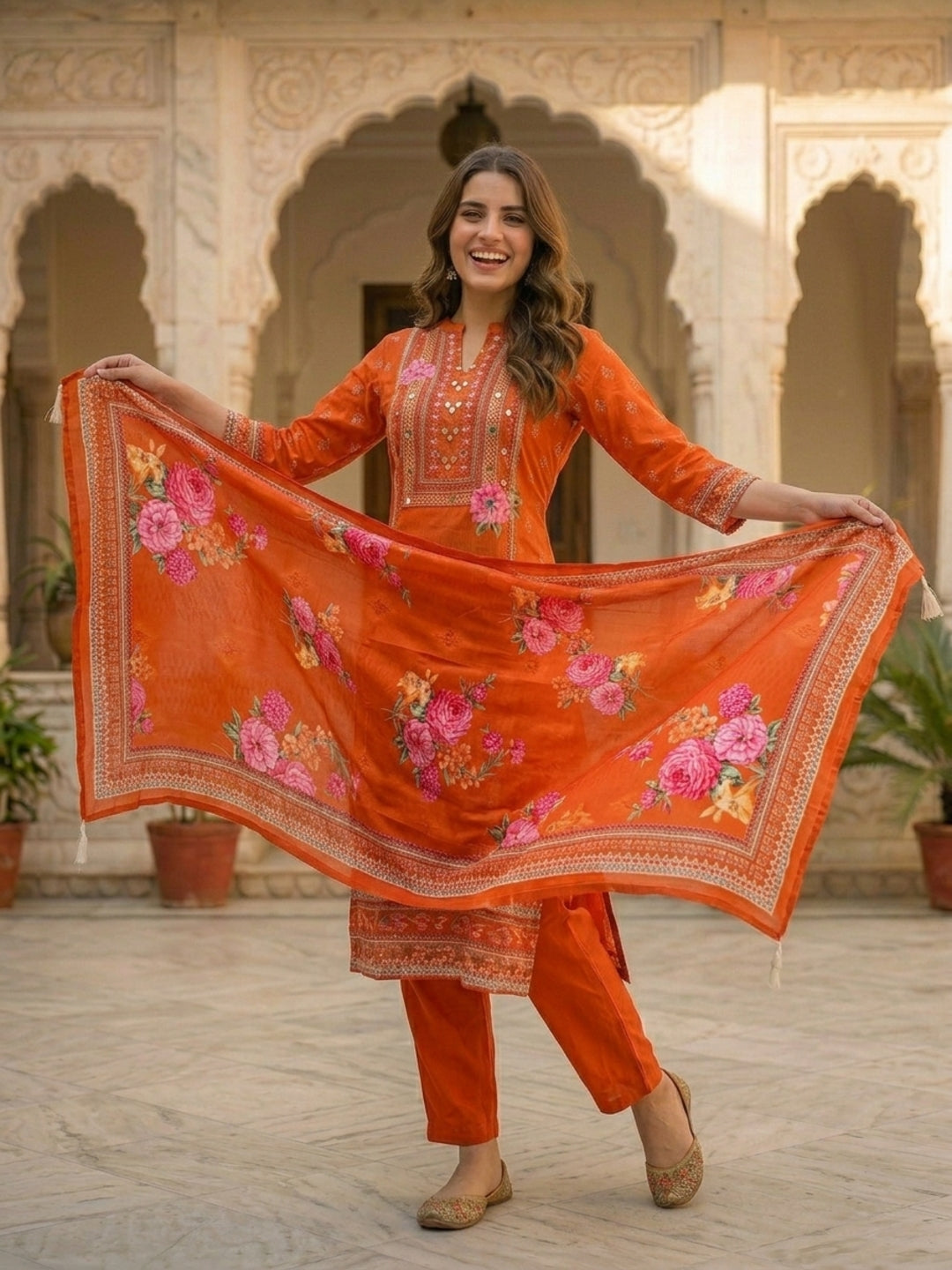 Ethnic Printed & Embroidered Straight Kurta with Pant & Dupatta - Rust
