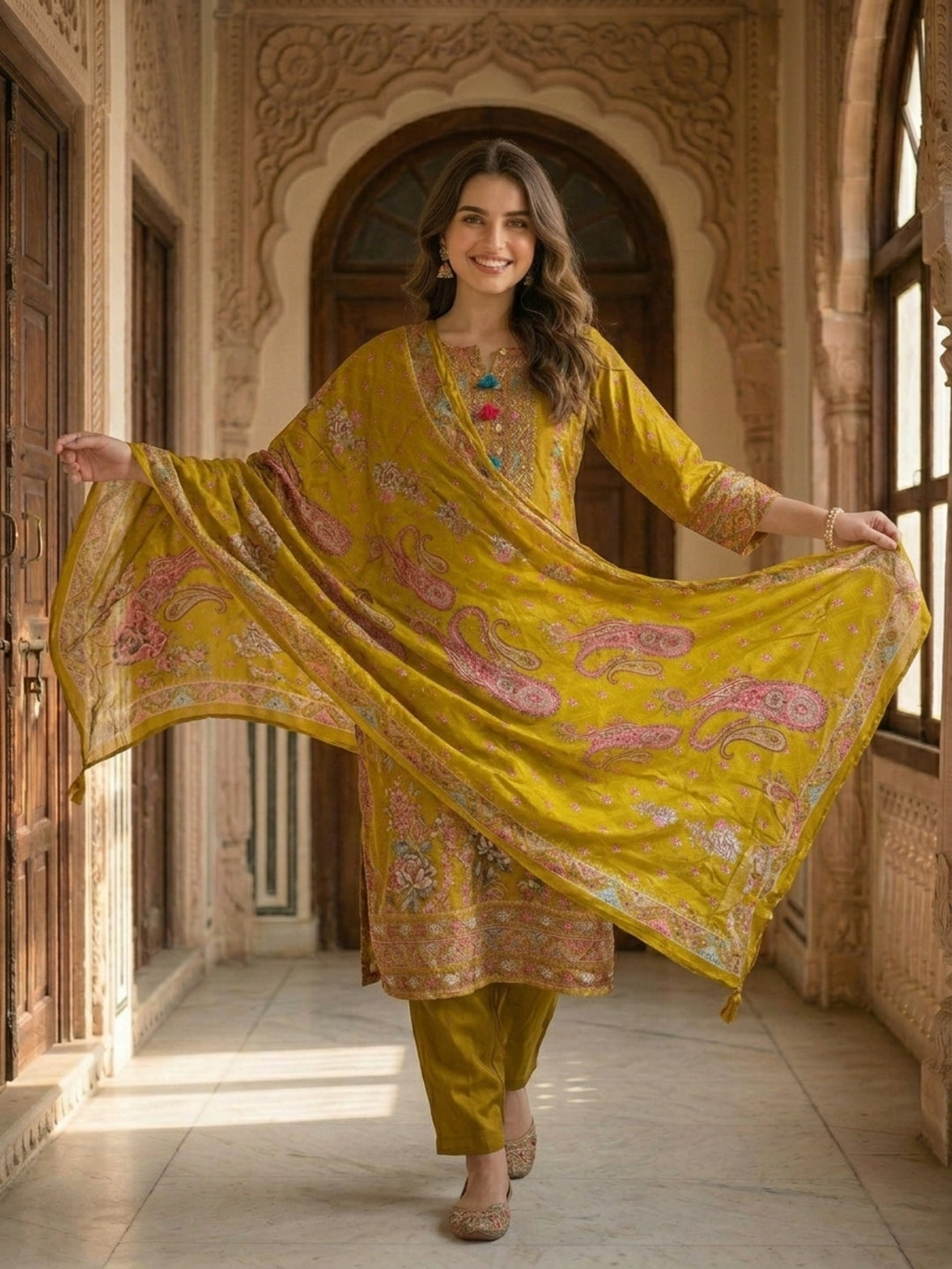 Ethnic Printed & Embroidered Straight Kurta with Pant & Dupatta - Mustard Yellow