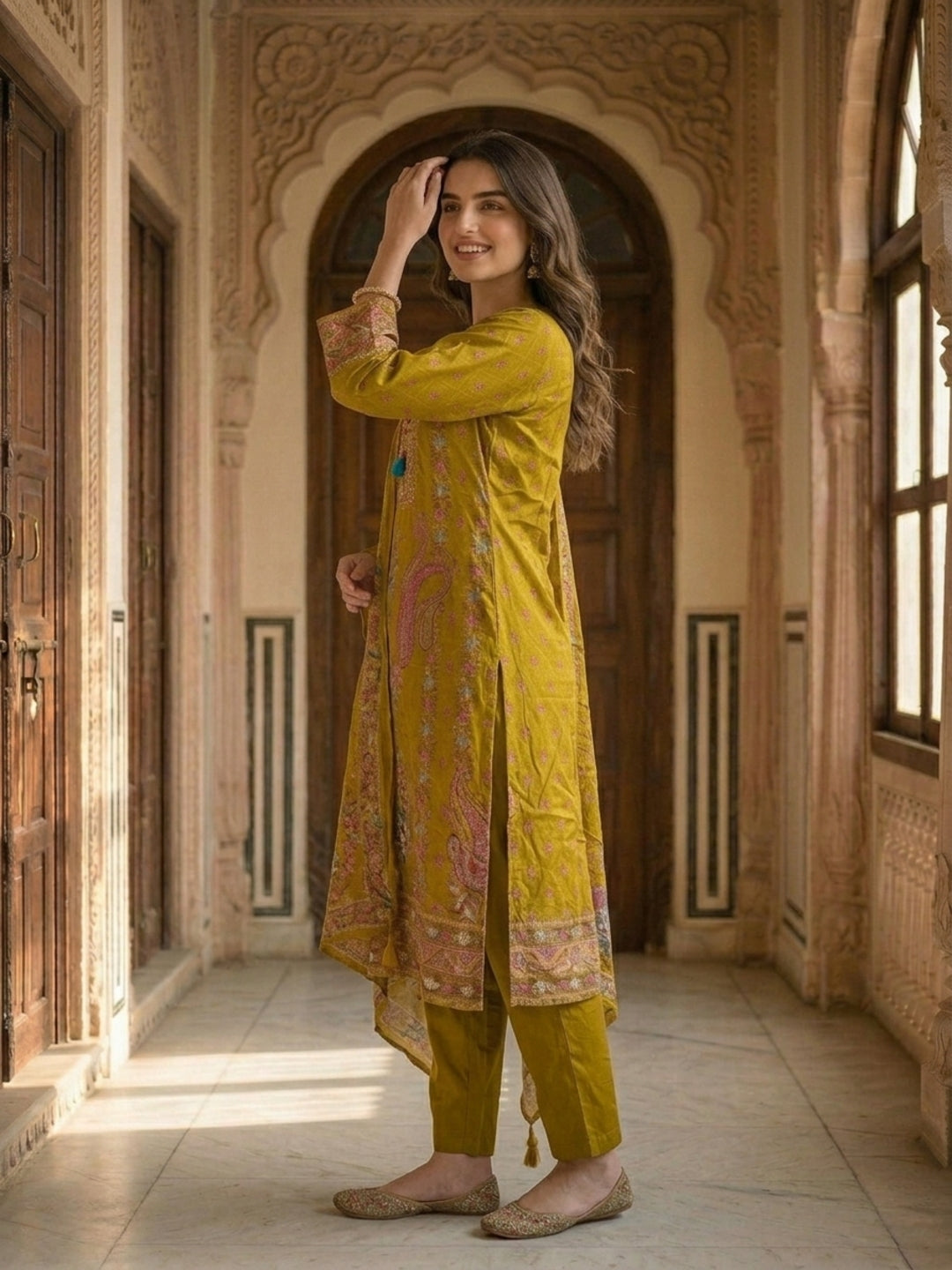 Ethnic Printed & Embroidered Straight Kurta with Pant & Dupatta - Mustard Yellow