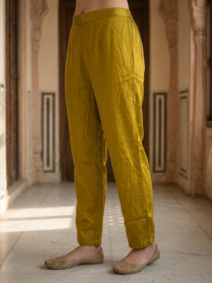 Ethnic Printed & Embroidered Straight Kurta with Pant & Dupatta - Mustard Yellow