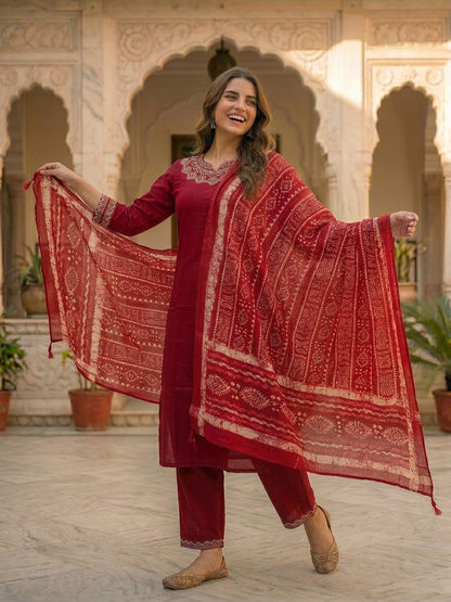 Solid Mirror Work Embroidered Straight Kurta with Palazzo & Dupatta - Maroon