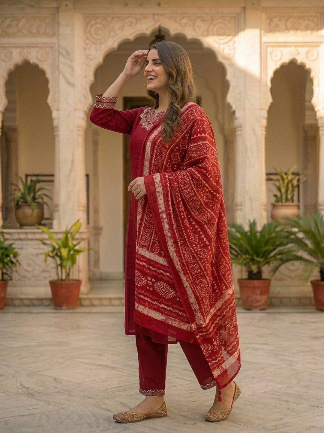 Solid Mirror Work Embroidered Straight Kurta with Palazzo & Dupatta - Maroon
