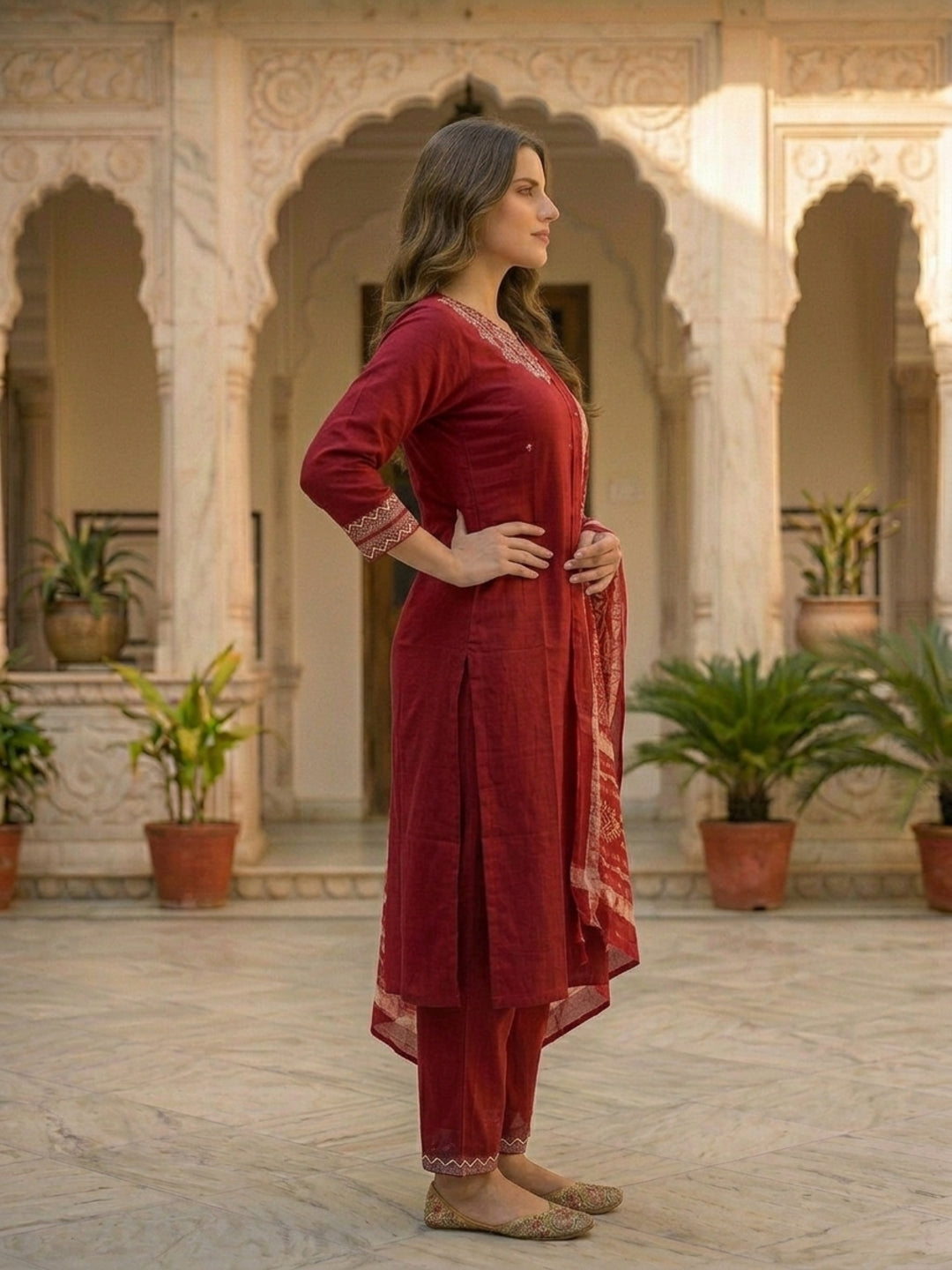 Solid Mirror Work Embroidered Straight Kurta with Palazzo & Dupatta - Maroon