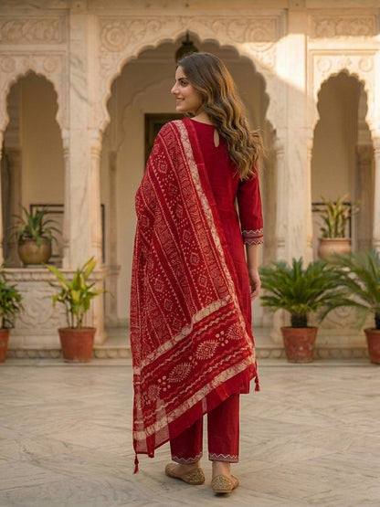 Solid Mirror Work Embroidered Straight Kurta with Palazzo & Dupatta - Maroon